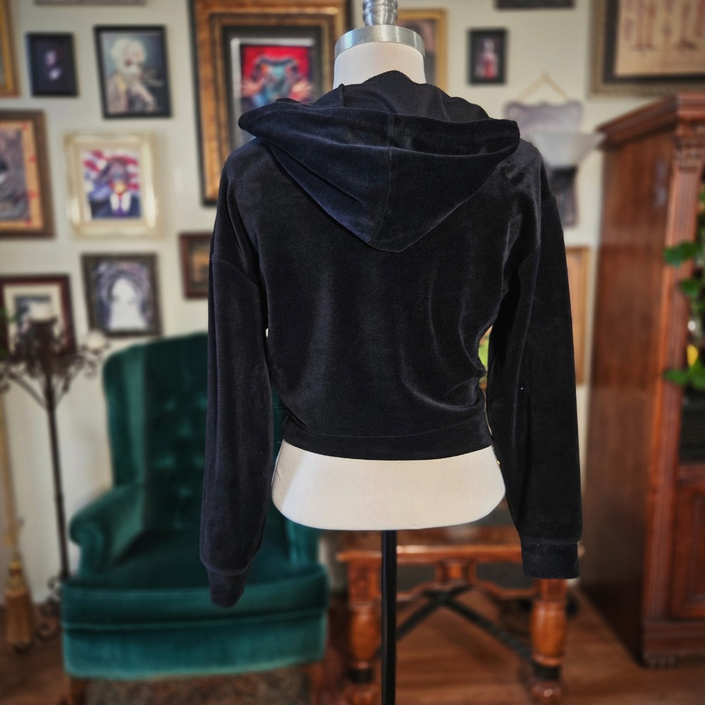 Velour Zip Up Hoodie SWS Athletics Black Cherry Rhinestone Y2K Cropped XS Jacket - Picture 4 of 6